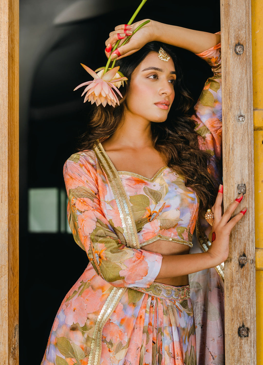 Peach Printed and Embellished Lehenga Set With Long Jacket Redpine - Fabilicious Fashion