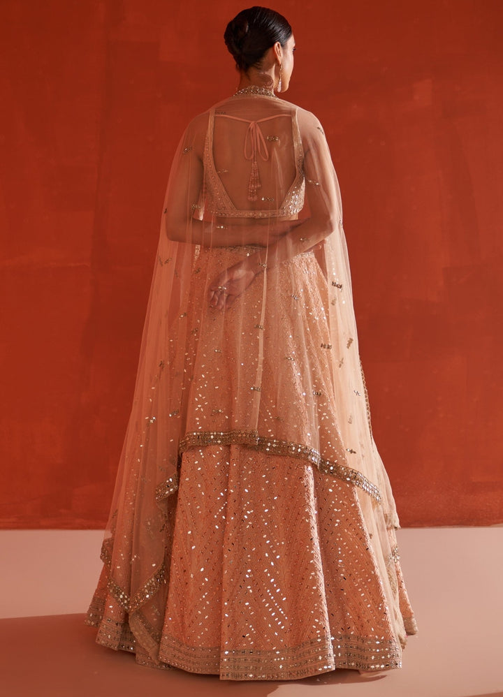 Peach Raw Silk Lehenga Set With Net Dupatta Angad Singh - Fabilicious Fashion