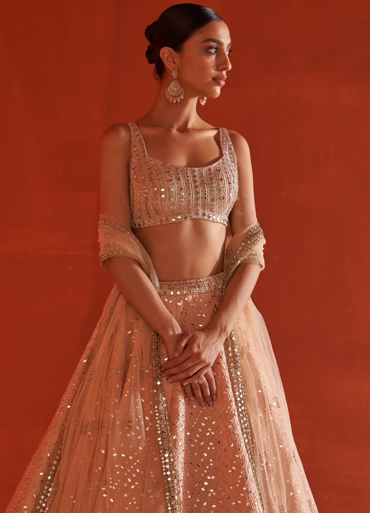 Peach Raw Silk Lehenga Set With Net Dupatta Angad Singh - Fabilicious Fashion