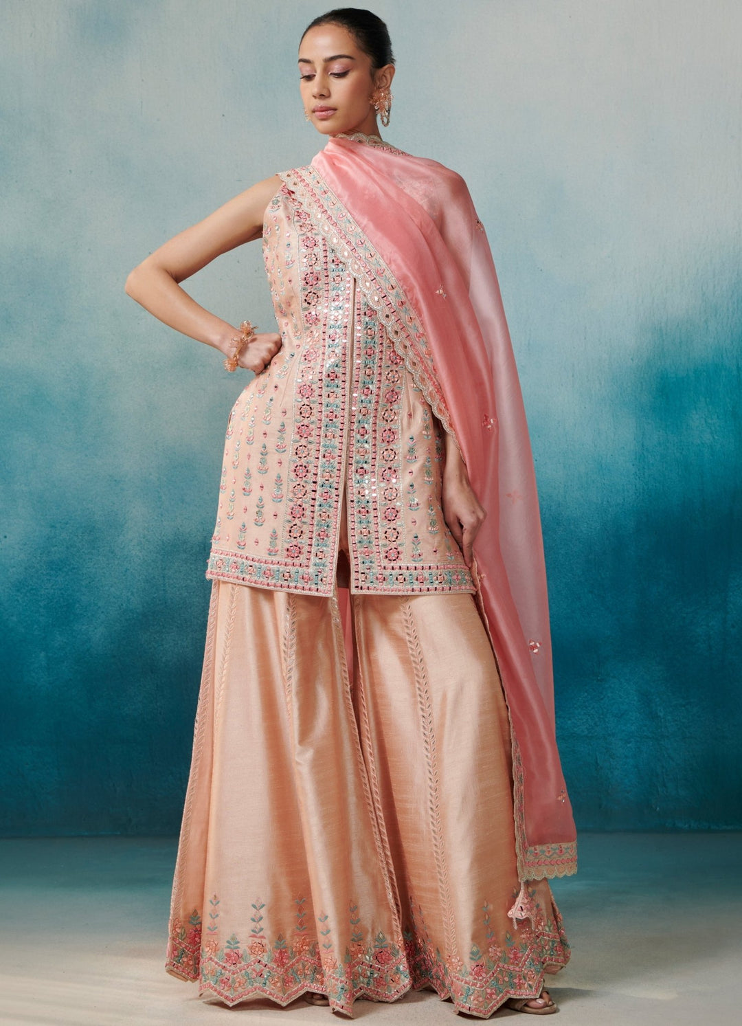 Peach Silk Kurta Set With Organza Dupatta Suhino - Fabilicious Fashion