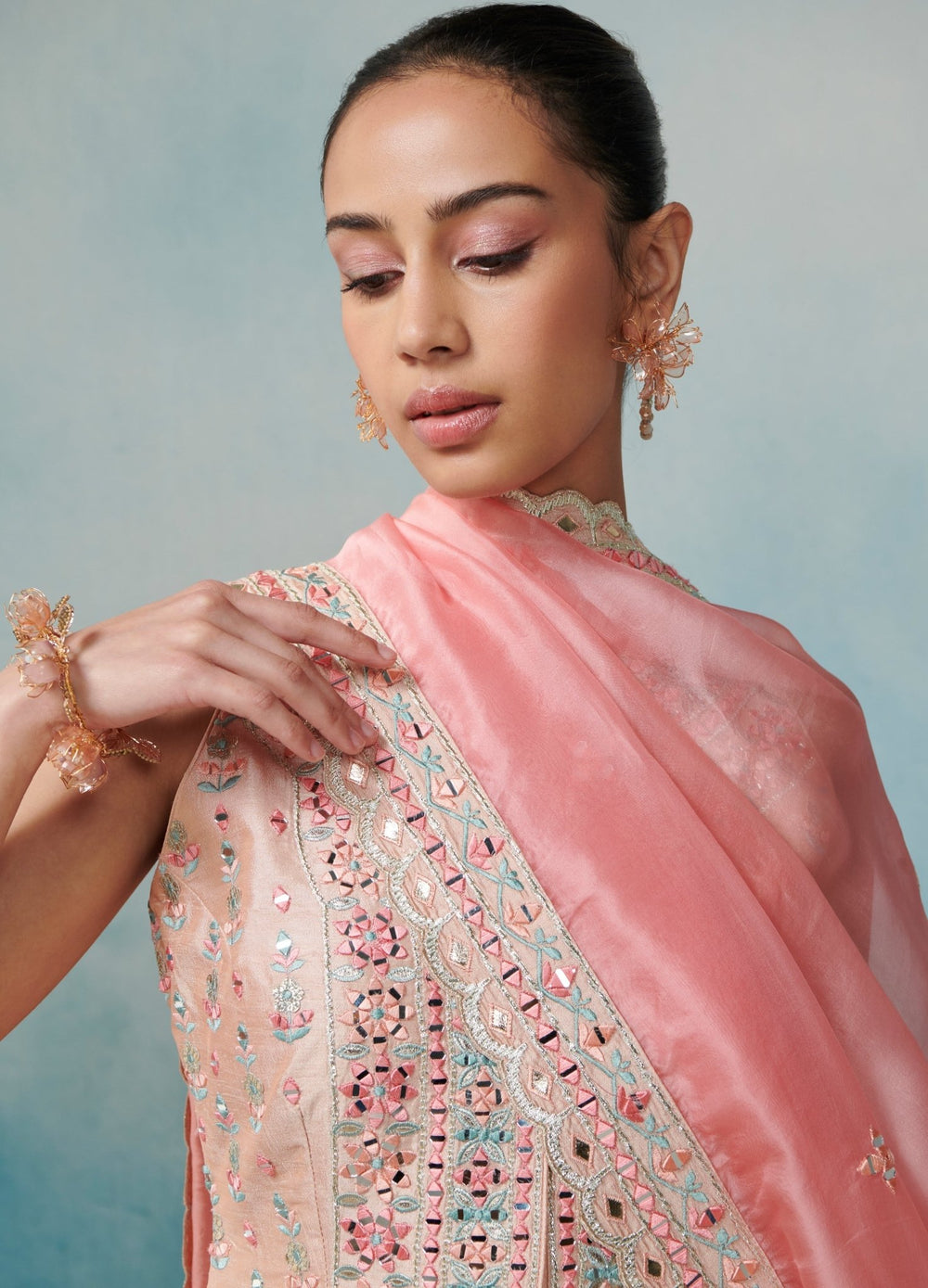 Peach Silk Kurta Set With Organza Dupatta Suhino - Fabilicious Fashion