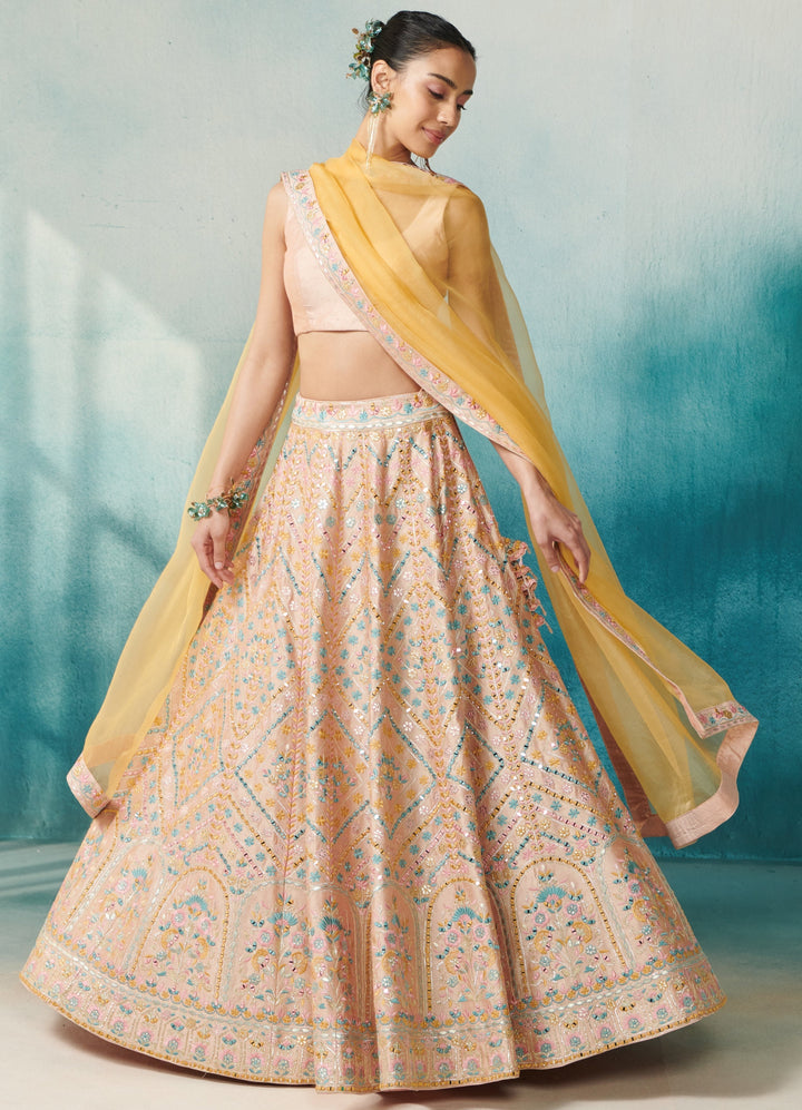 Peach Silk Lehenga With Front Open Jacket Set Suhino - Fabilicious Fashion