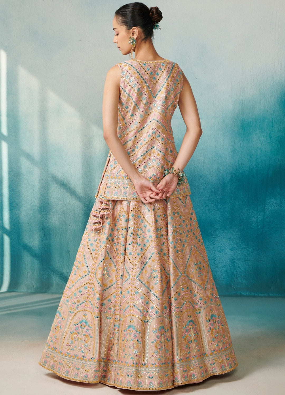 Peach Silk Lehenga With Front Open Jacket Set Suhino - Fabilicious Fashion