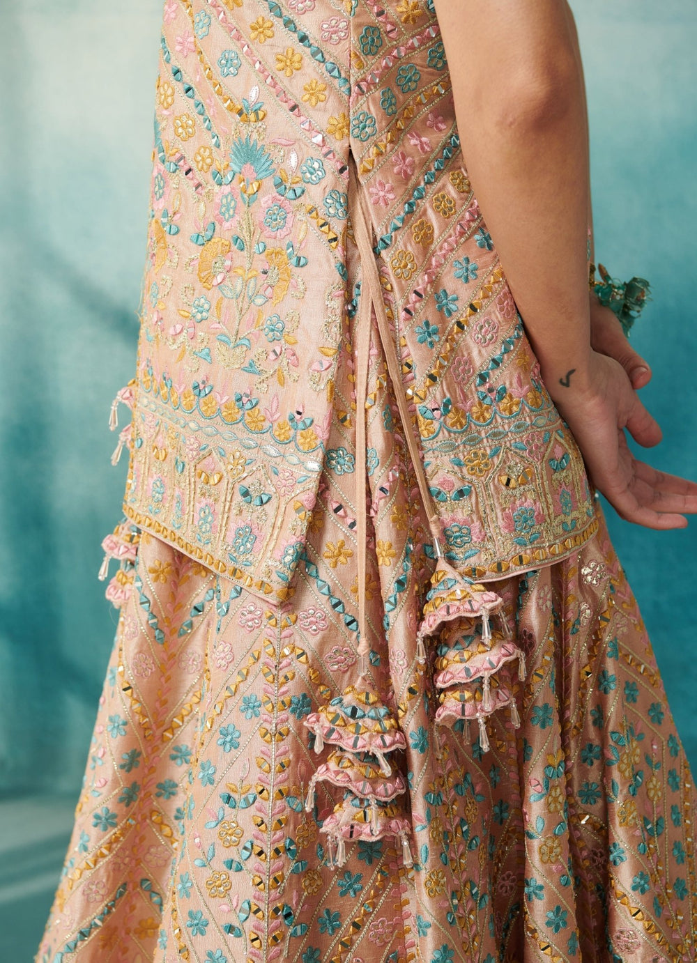 Peach Silk Lehenga With Front Open Jacket Set Suhino - Fabilicious Fashion