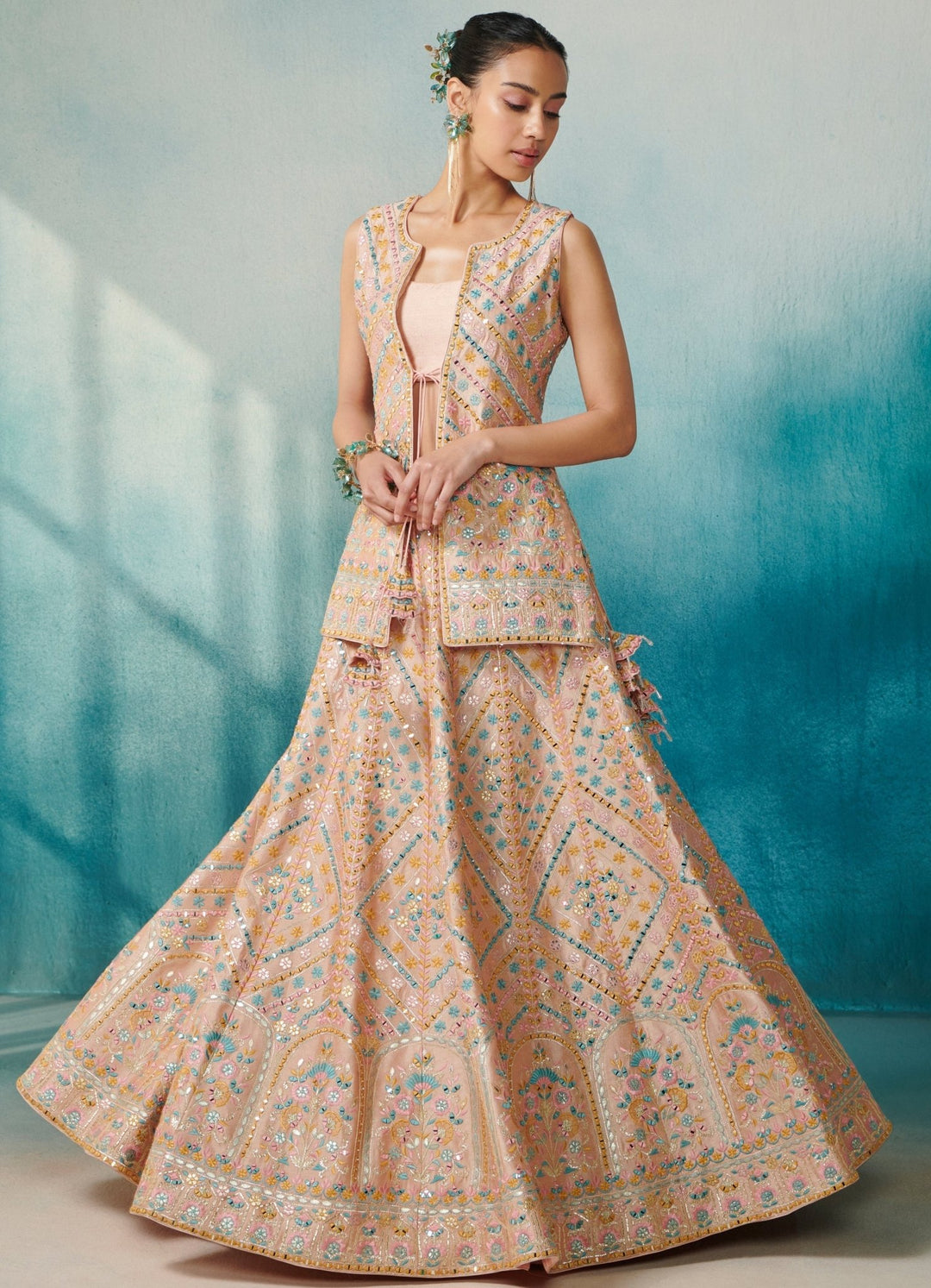 Peach Silk Lehenga With Front Open Jacket Set Suhino - Fabilicious Fashion
