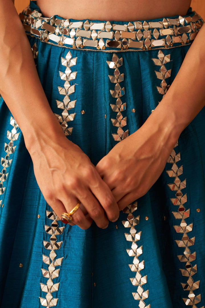 Peacock Blue Embellished Raw Silk Lehenga Set With Pink Dupatta Angad Singh - Fabilicious Fashion