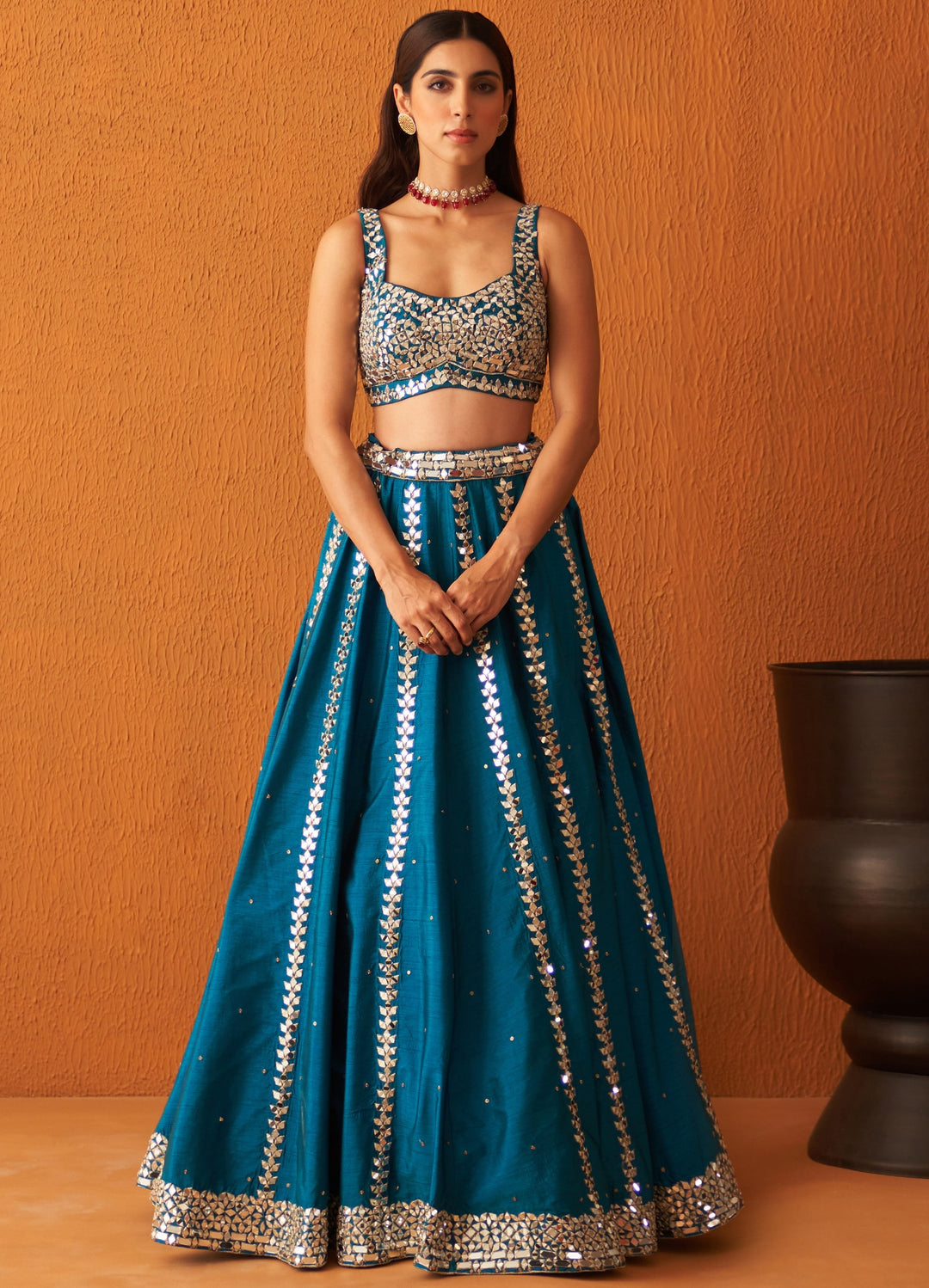 Peacock Blue Embellished Raw Silk Lehenga Set With Pink Dupatta Angad Singh - Fabilicious Fashion
