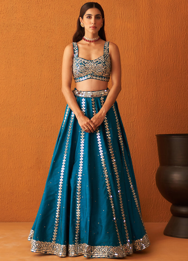 Peacock Blue Embellished Raw Silk Lehenga Set With Pink Dupatta Angad Singh - Fabilicious Fashion