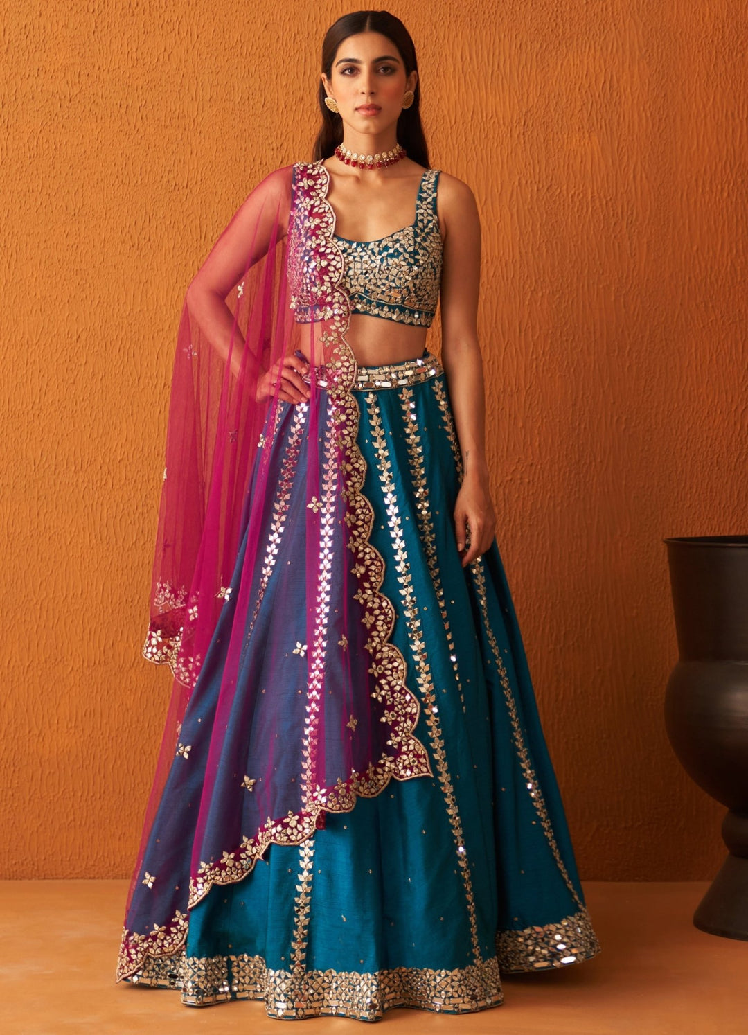 Peacock Blue Embellished Raw Silk Lehenga Set With Pink Dupatta Angad Singh - Fabilicious Fashion