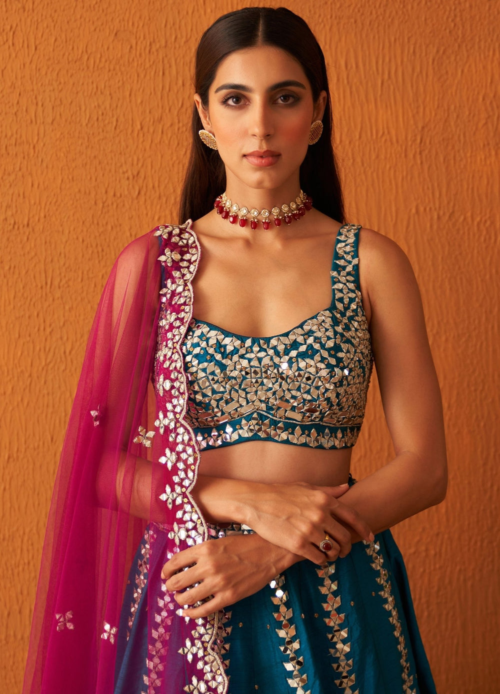 Peacock Blue Embellished Raw Silk Lehenga Set With Pink Dupatta Angad Singh - Fabilicious Fashion