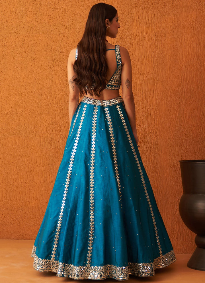 Peacock Blue Embellished Raw Silk Lehenga Set With Pink Dupatta Angad Singh - Fabilicious Fashion