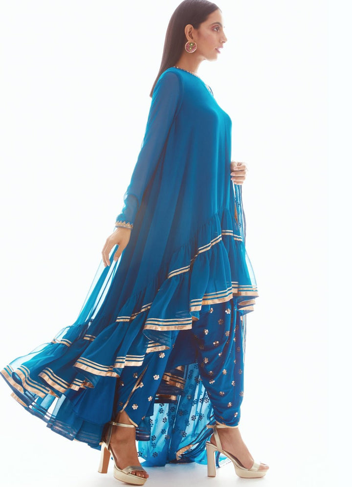 Peacock Blue High Low Kurta Set Vvani by Vani Vats - Fabilicious Fashion
