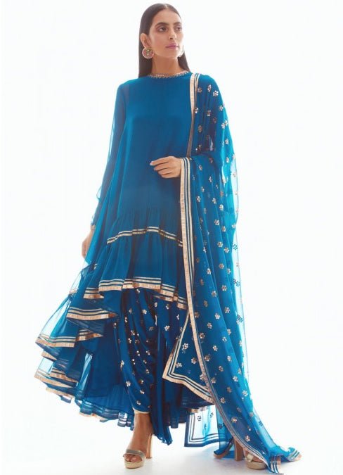 Peacock Blue High Low Kurta Set Vvani by Vani Vats - Fabilicious Fashion