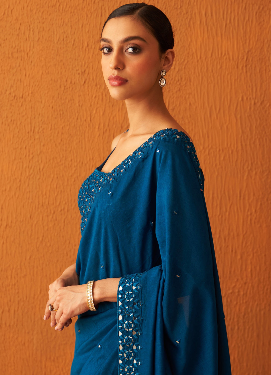 Peacock Blue Silk Saree With Mirror Work Angad Singh - Fabilicious Fashion
