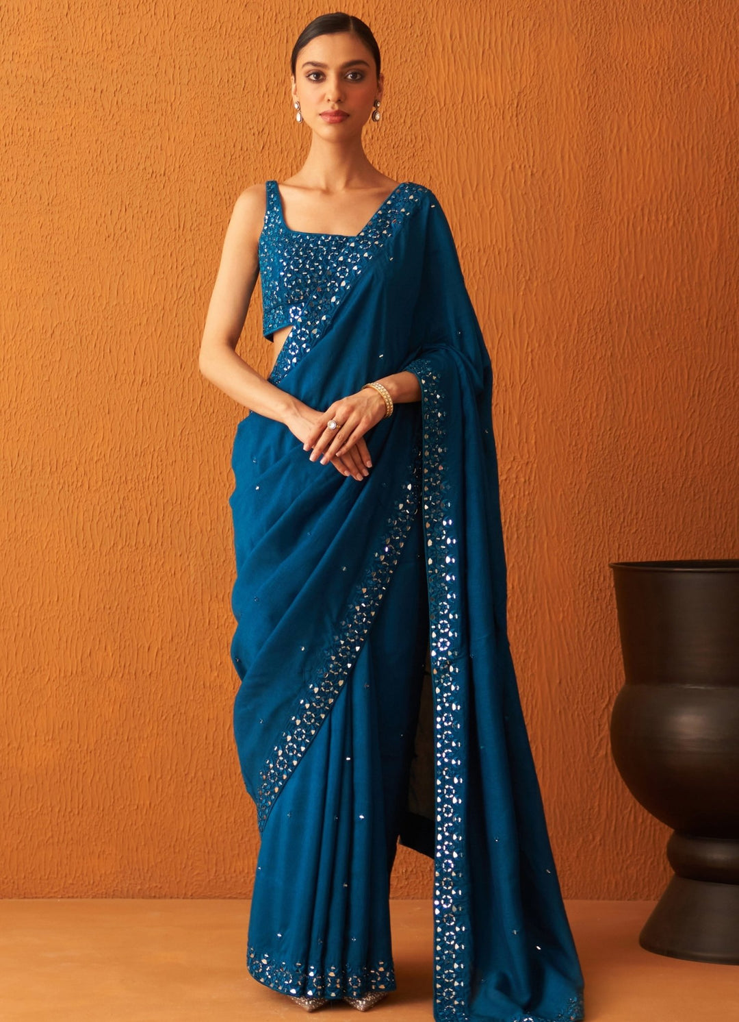 Peacock Blue Silk Saree With Mirror Work Angad Singh - Fabilicious Fashion