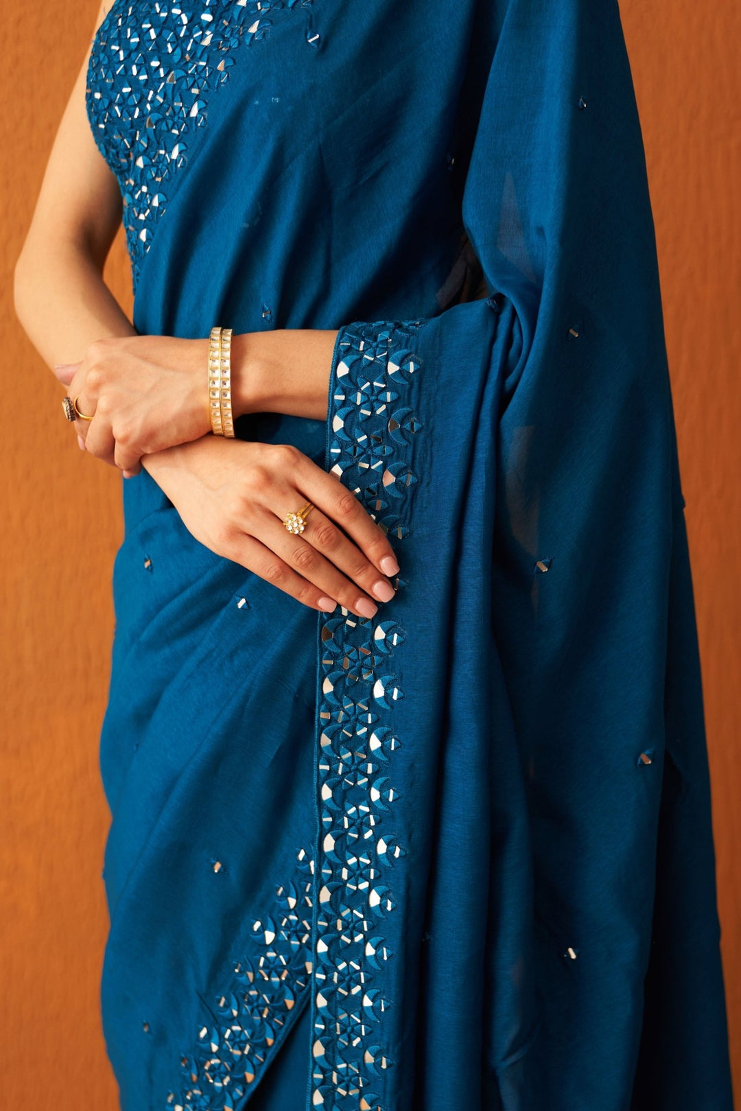 Peacock Blue Silk Saree With Mirror Work Angad Singh - Fabilicious Fashion
