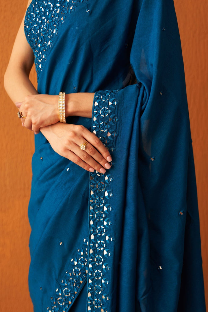 Peacock Blue Silk Saree With Mirror Work Angad Singh - Fabilicious Fashion
