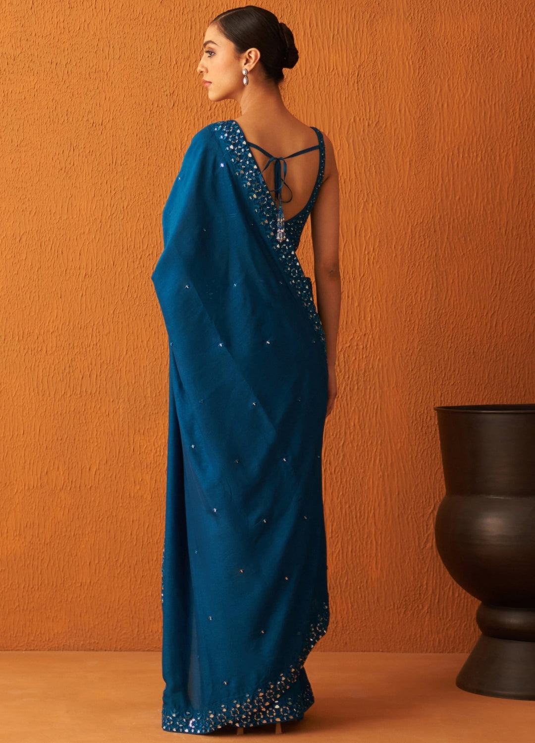 Peacock Blue Silk Saree With Mirror Work Angad Singh - Fabilicious Fashion