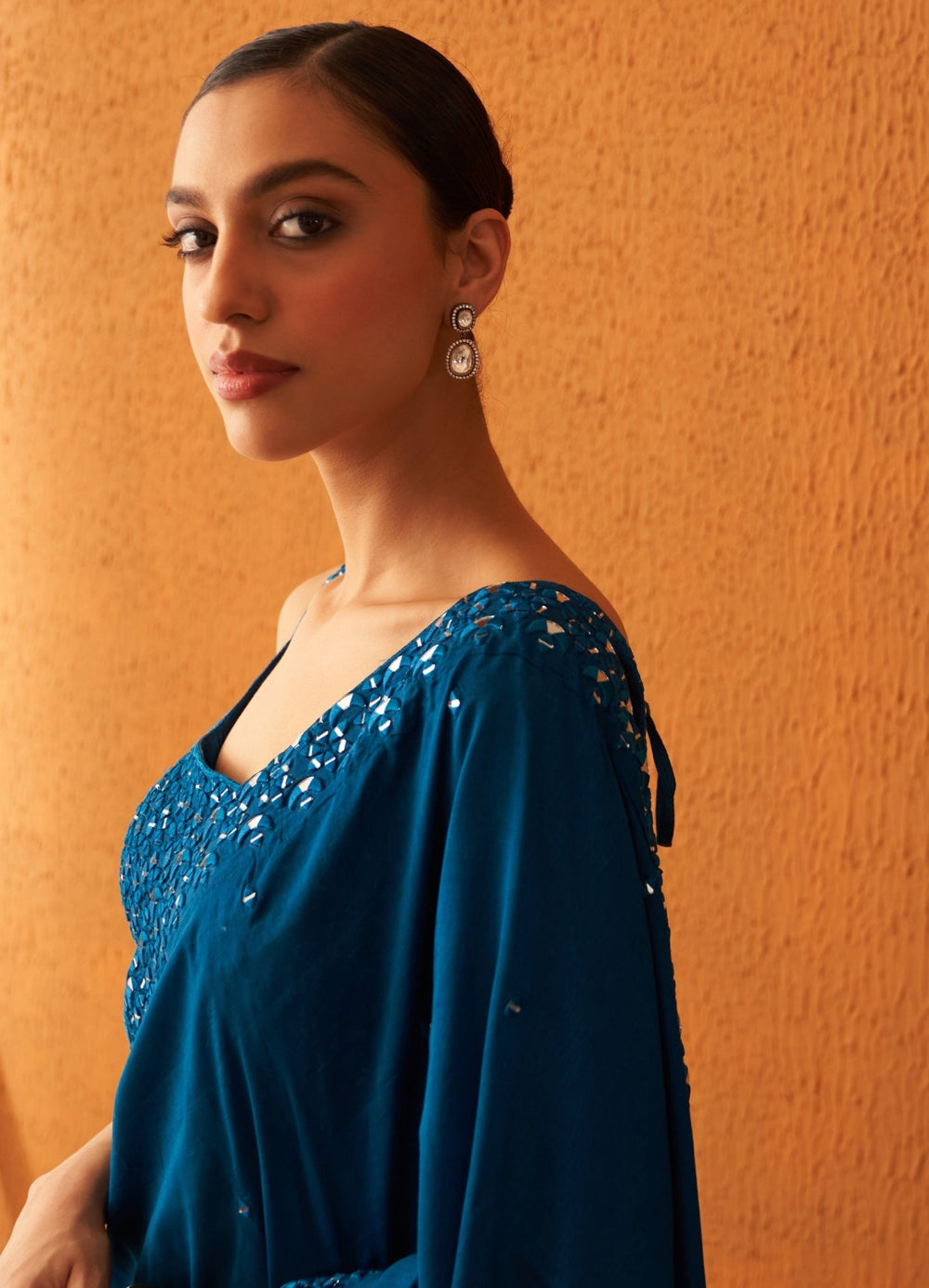 Peacock Blue Silk Saree With Mirror Work Angad Singh - Fabilicious Fashion