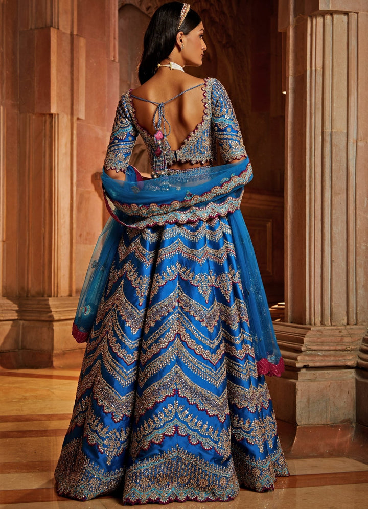 Peacock Blue Taffeta Lehenga Set With A Tulle Dupatta And Belt Nitika Gujral - Fabilicious Fashion
