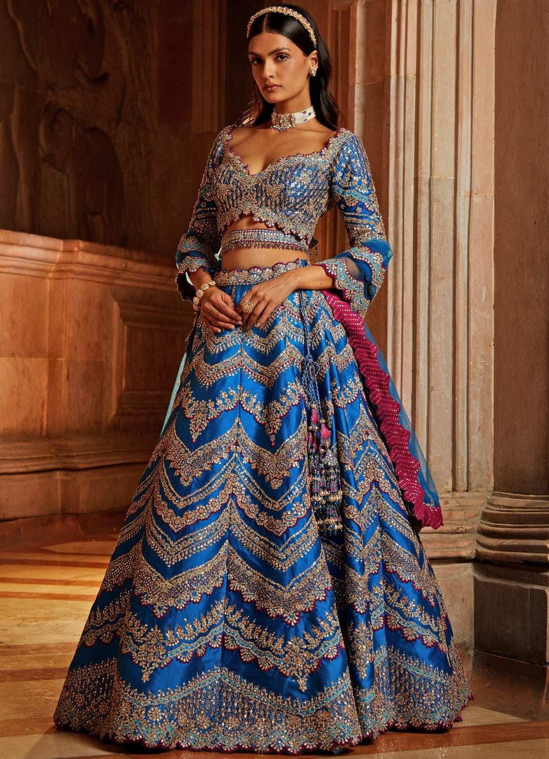 Peacock Blue Taffeta Lehenga Set With A Tulle Dupatta And Belt Nitika Gujral - Fabilicious Fashion