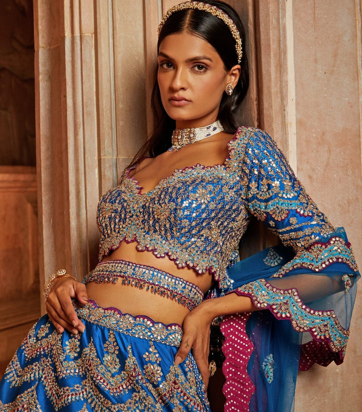 Peacock Blue Taffeta Lehenga Set With A Tulle Dupatta And Belt Nitika Gujral - Fabilicious Fashion