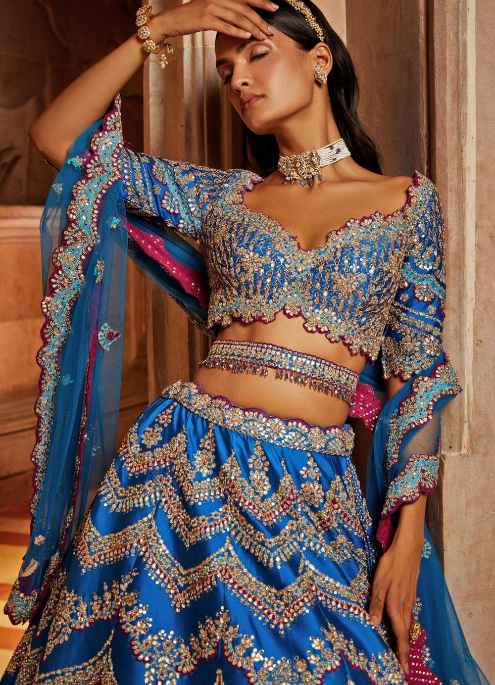 Peacock Blue Taffeta Lehenga Set With A Tulle Dupatta And Belt Nitika Gujral - Fabilicious Fashion