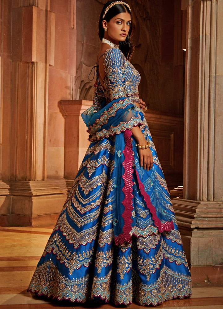 Peacock Blue Taffeta Lehenga Set With A Tulle Dupatta And Belt Nitika Gujral - Fabilicious Fashion