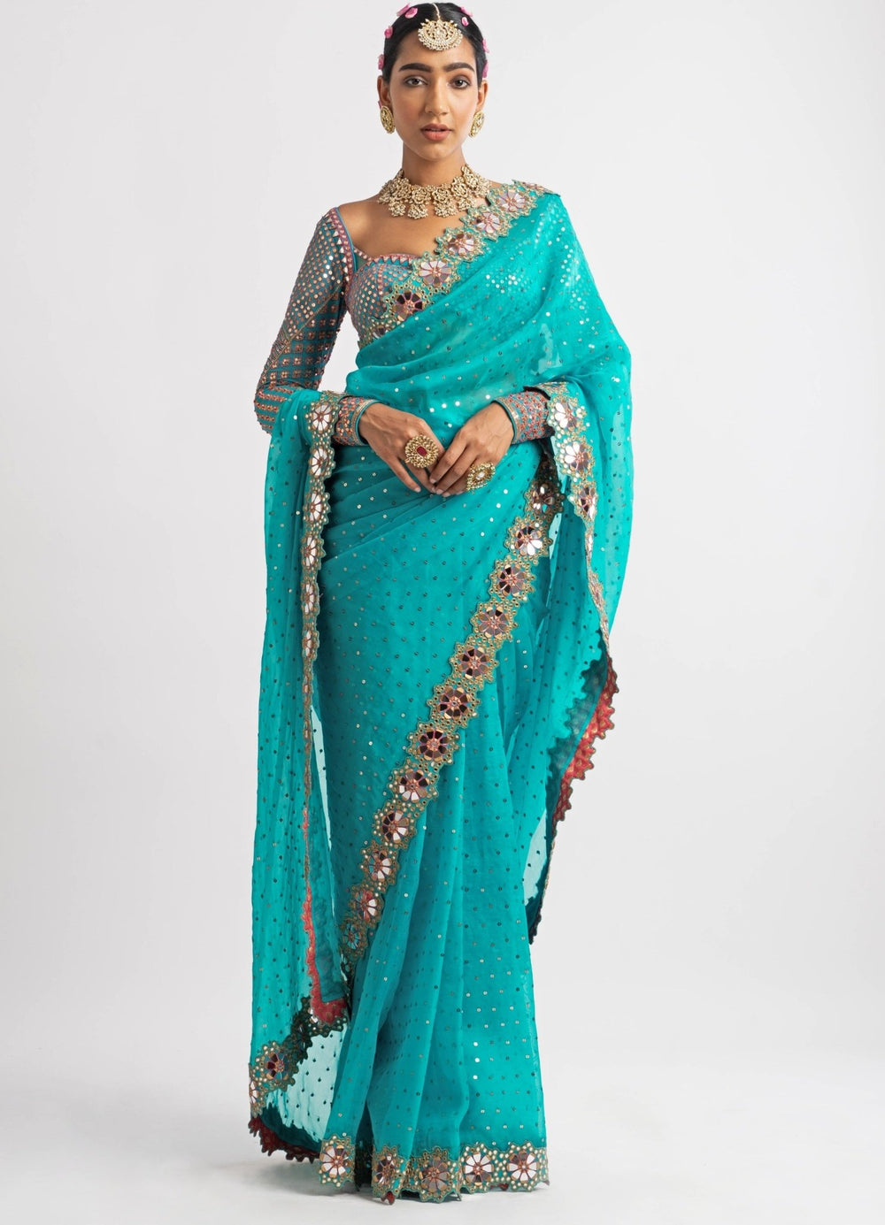 Peacock Green Hand Cut Mirror Border Saree Set Vvani by Vani Vats - Fabilicious Fashion