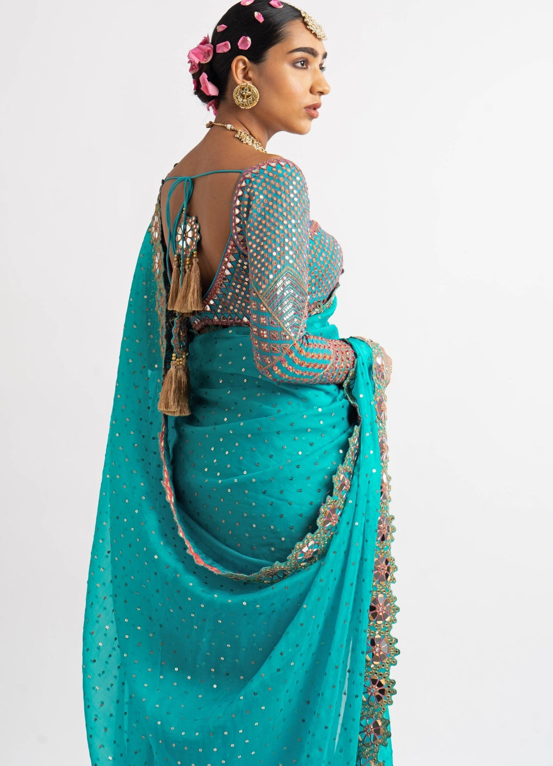 Peacock Green Hand Cut Mirror Border Saree Set Vvani by Vani Vats - Fabilicious Fashion