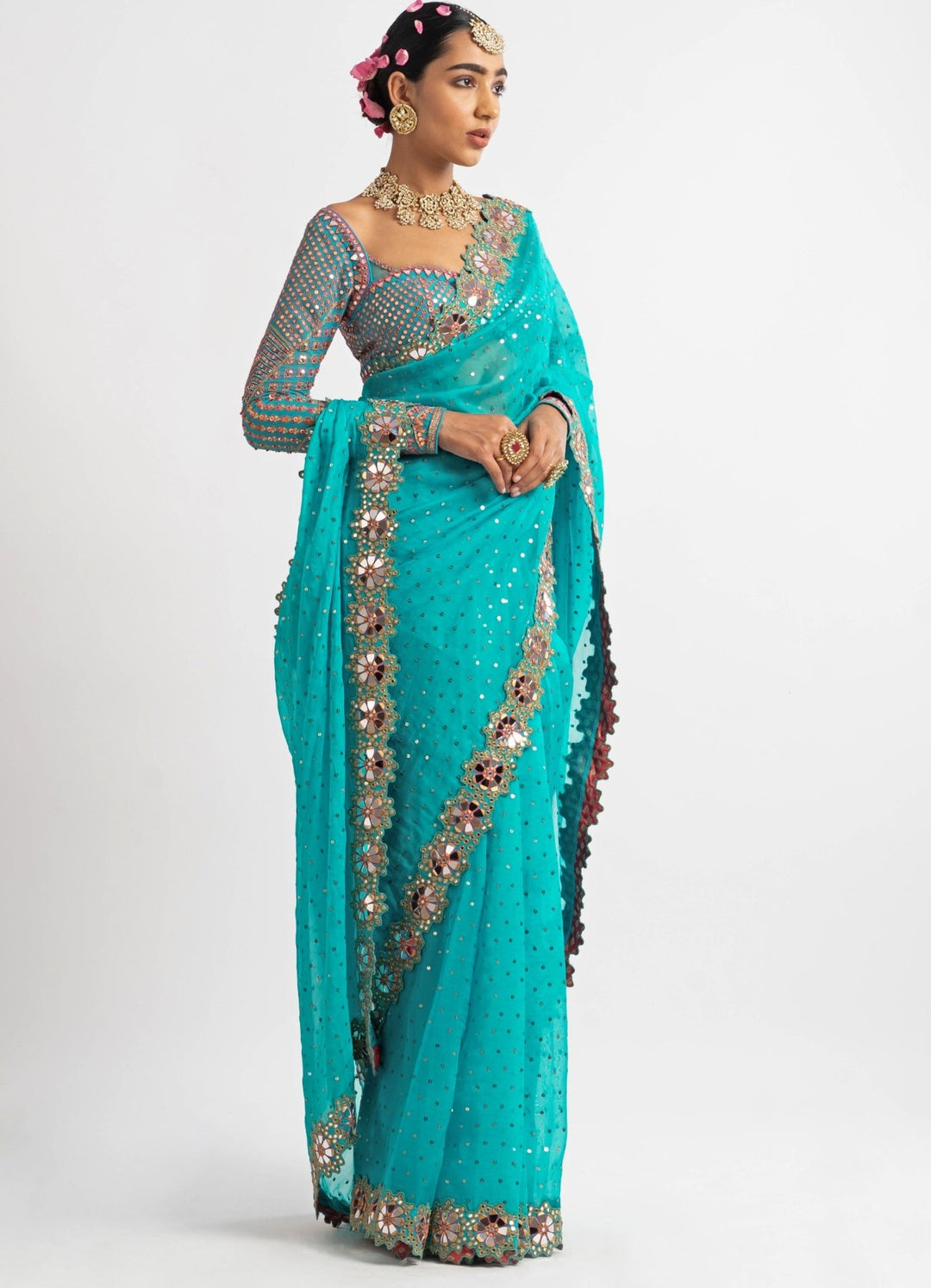 Peacock Green Hand Cut Mirror Border Saree Set Vvani by Vani Vats - Fabilicious Fashion