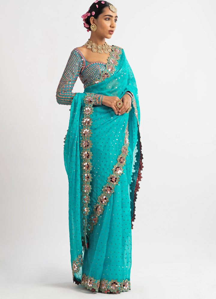 Peacock Green Hand Cut Mirror Border Saree Set Vvani by Vani Vats - Fabilicious Fashion