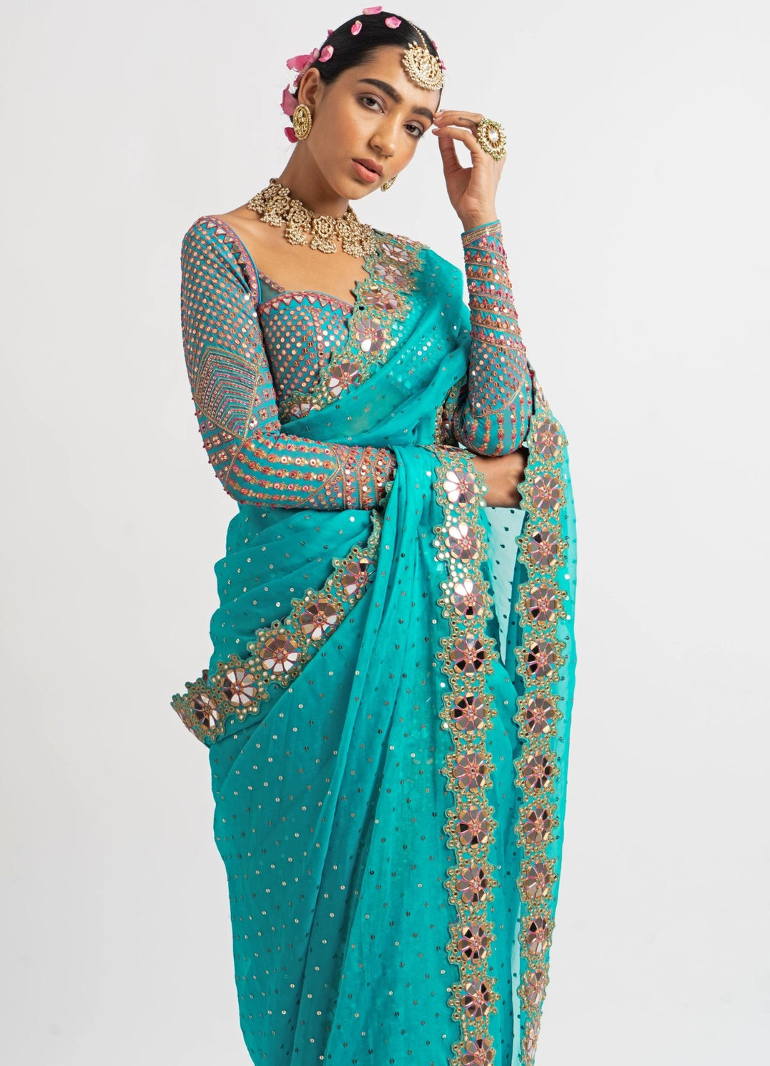 Peacock Green Hand Cut Mirror Border Saree Set Vvani by Vani Vats - Fabilicious Fashion