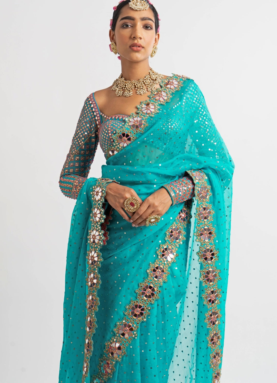 Peacock Green Hand Cut Mirror Border Saree Set Vvani by Vani Vats - Fabilicious Fashion