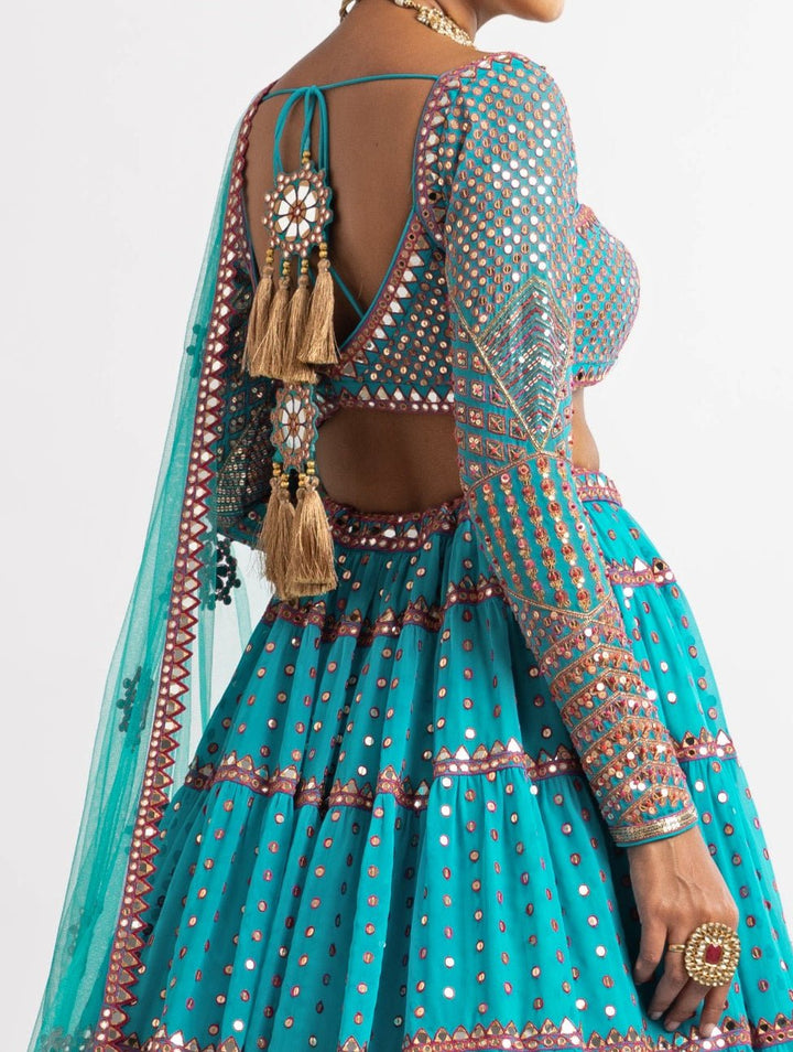 Peacock Green Sweetheart Neck Multicoloured Lehenga Set Vvani by Vani Vats - Fabilicious Fashion