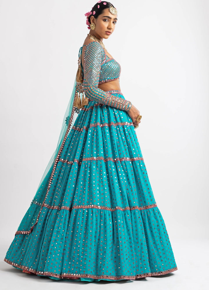 Peacock Green Sweetheart Neck Multicoloured Lehenga Set Vvani by Vani Vats - Fabilicious Fashion