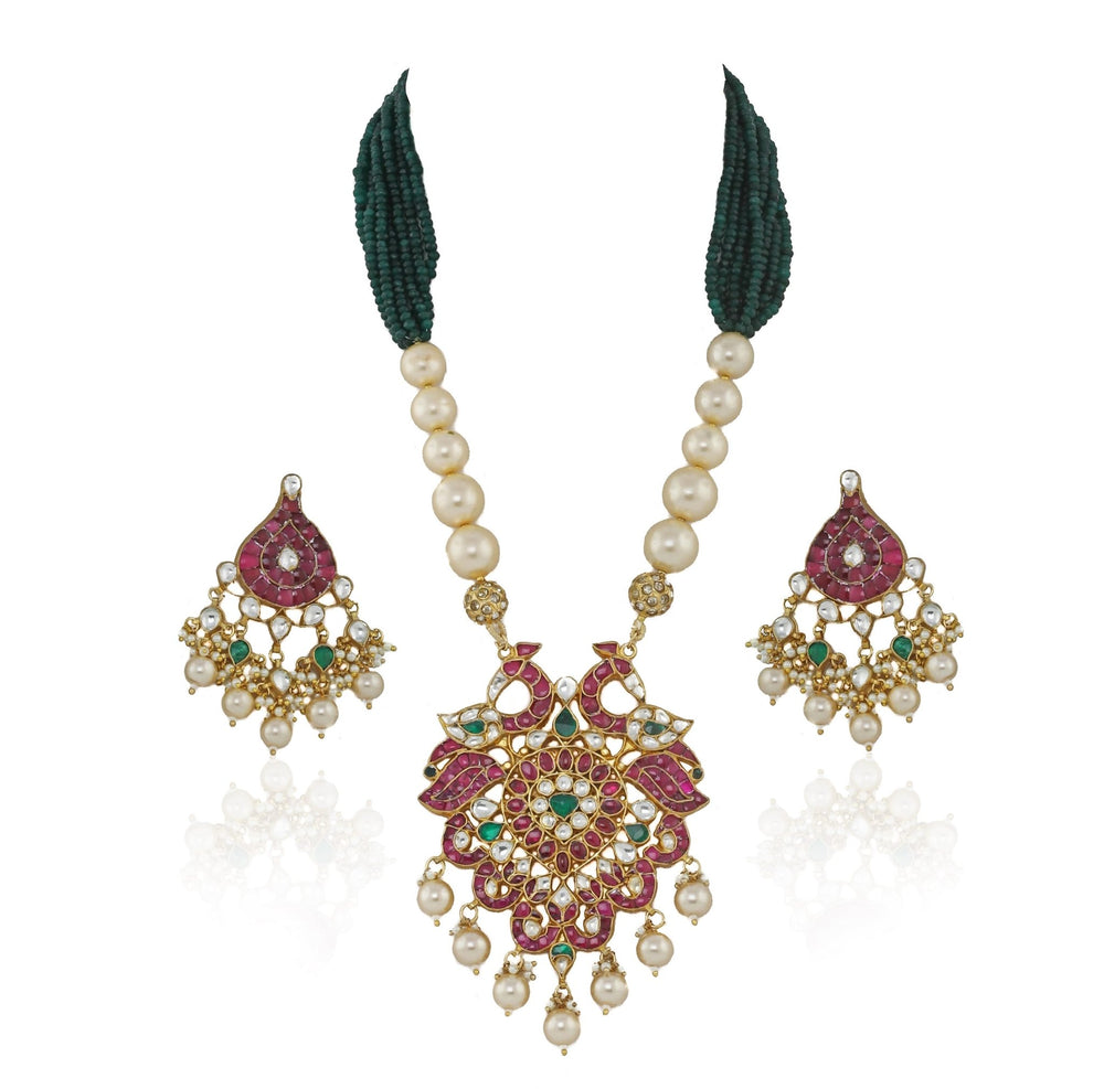 Peacock Pendant Set in Pink and Green Hues Riana by Shikha Jindal - Fabilicious Fashion