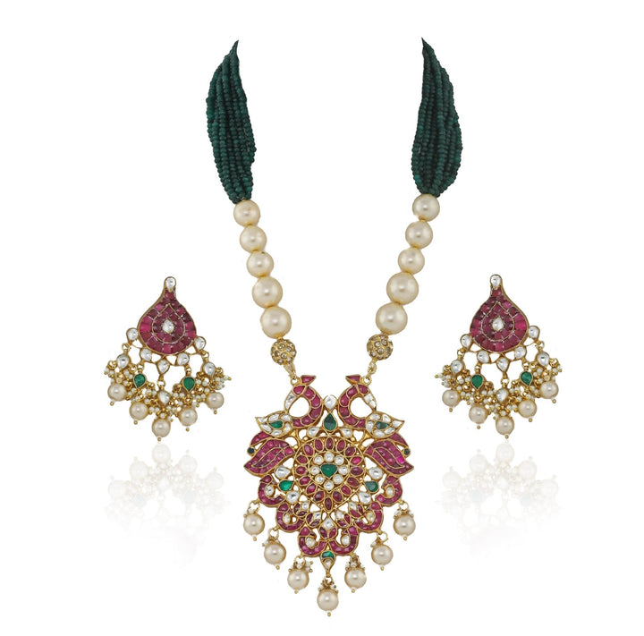 Peacock Pendant Set in Pink and Green Hues Riana by Shikha Jindal - Fabilicious Fashion