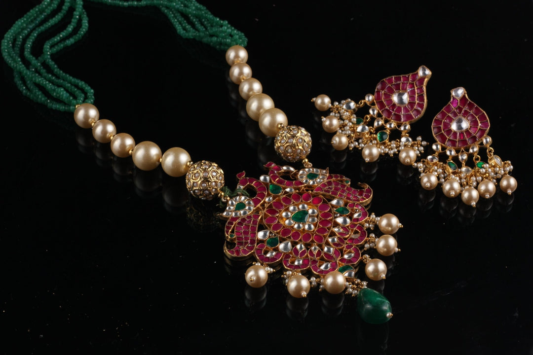 Peacock Pendant Set in Pink and Green Hues Riana by Shikha Jindal - Fabilicious Fashion