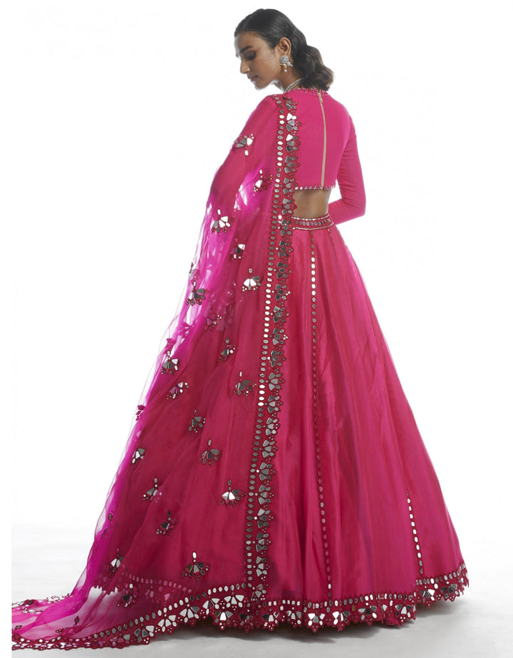 Peacock Pink Mirror Cutwork Lehenga Set Vvani by Vani Vats - Fabilicious Fashion
