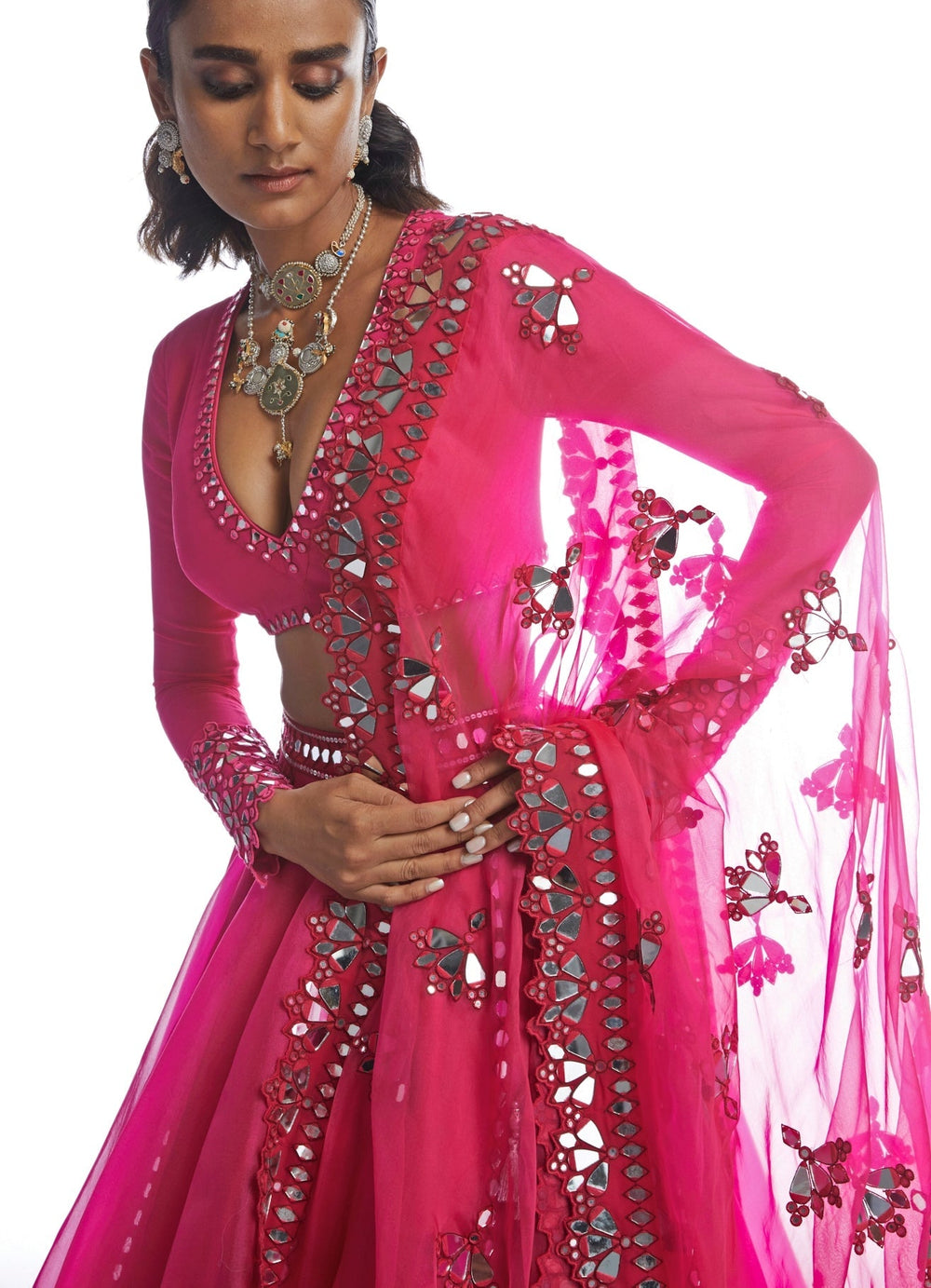 Peacock Pink Mirror Cutwork Lehenga Set Vvani by Vani Vats - Fabilicious Fashion