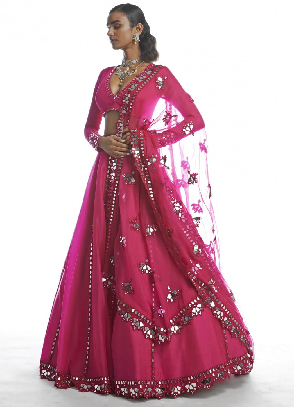 Peacock Pink Mirror Cutwork Lehenga Set Vvani by Vani Vats - Fabilicious Fashion