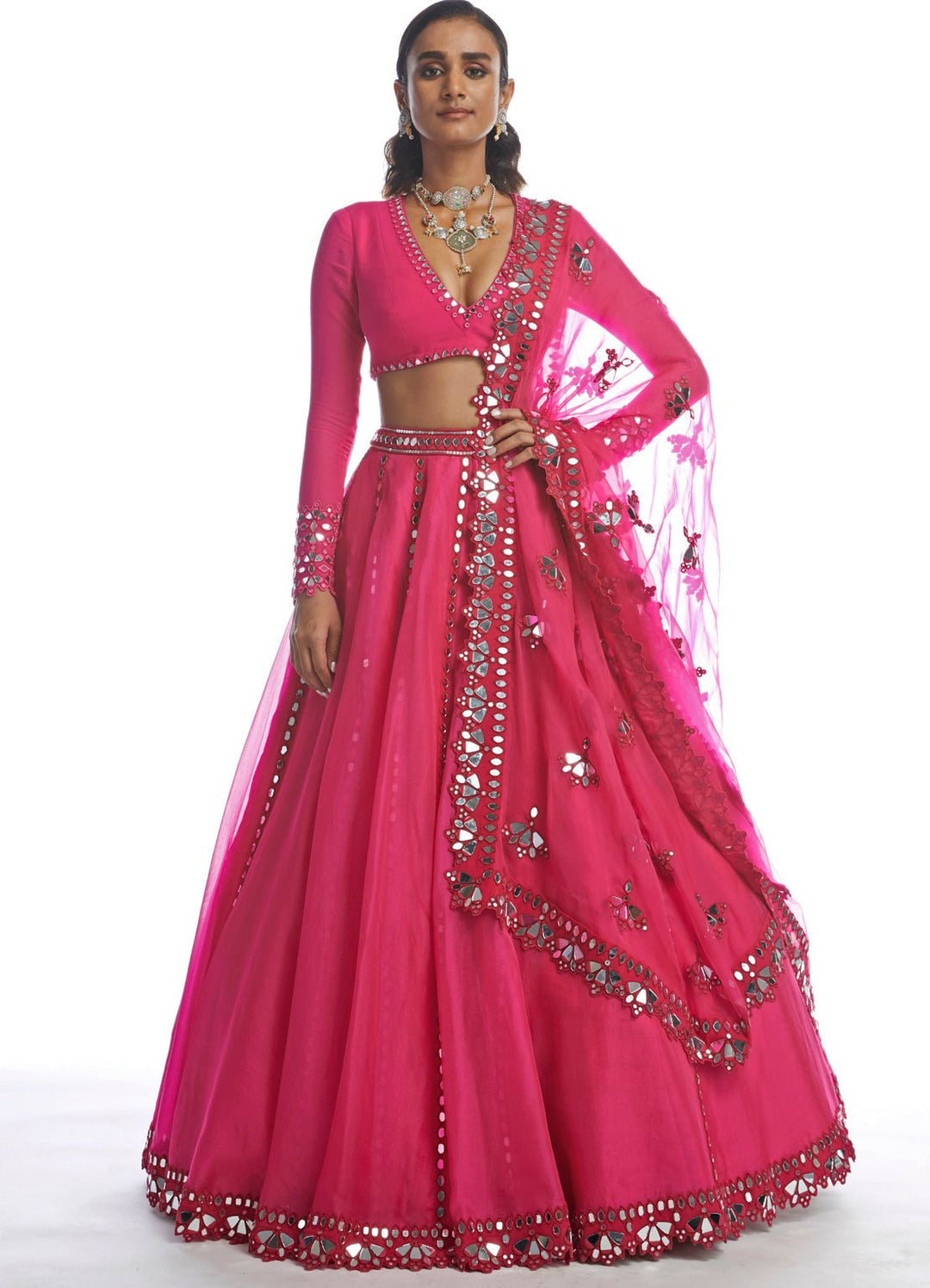 Peacock Pink Mirror Cutwork Lehenga Set Vvani by Vani Vats - Fabilicious Fashion