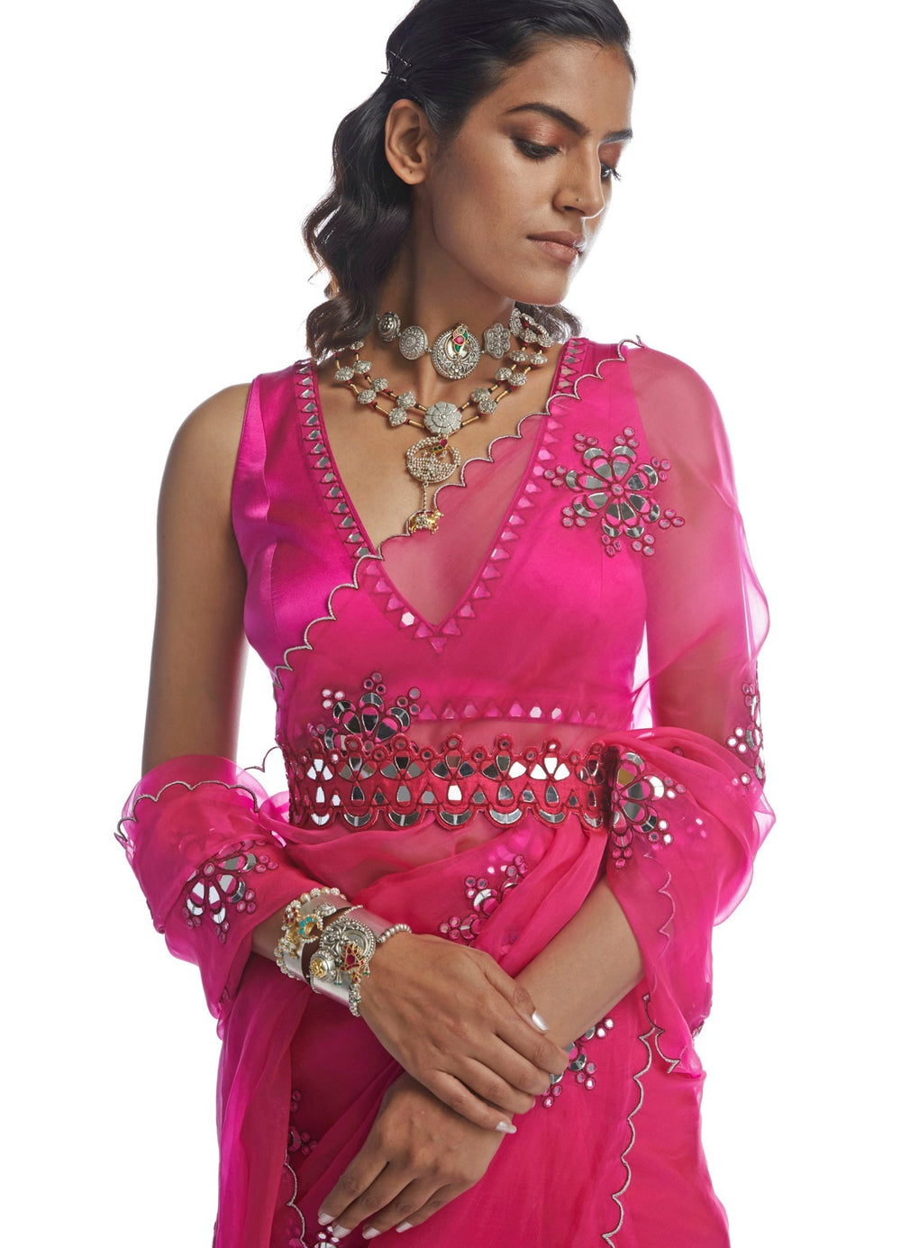Peacock Pink Mirror Cutwork Saree Set Vvani by Vani Vats - Fabilicious Fashion
