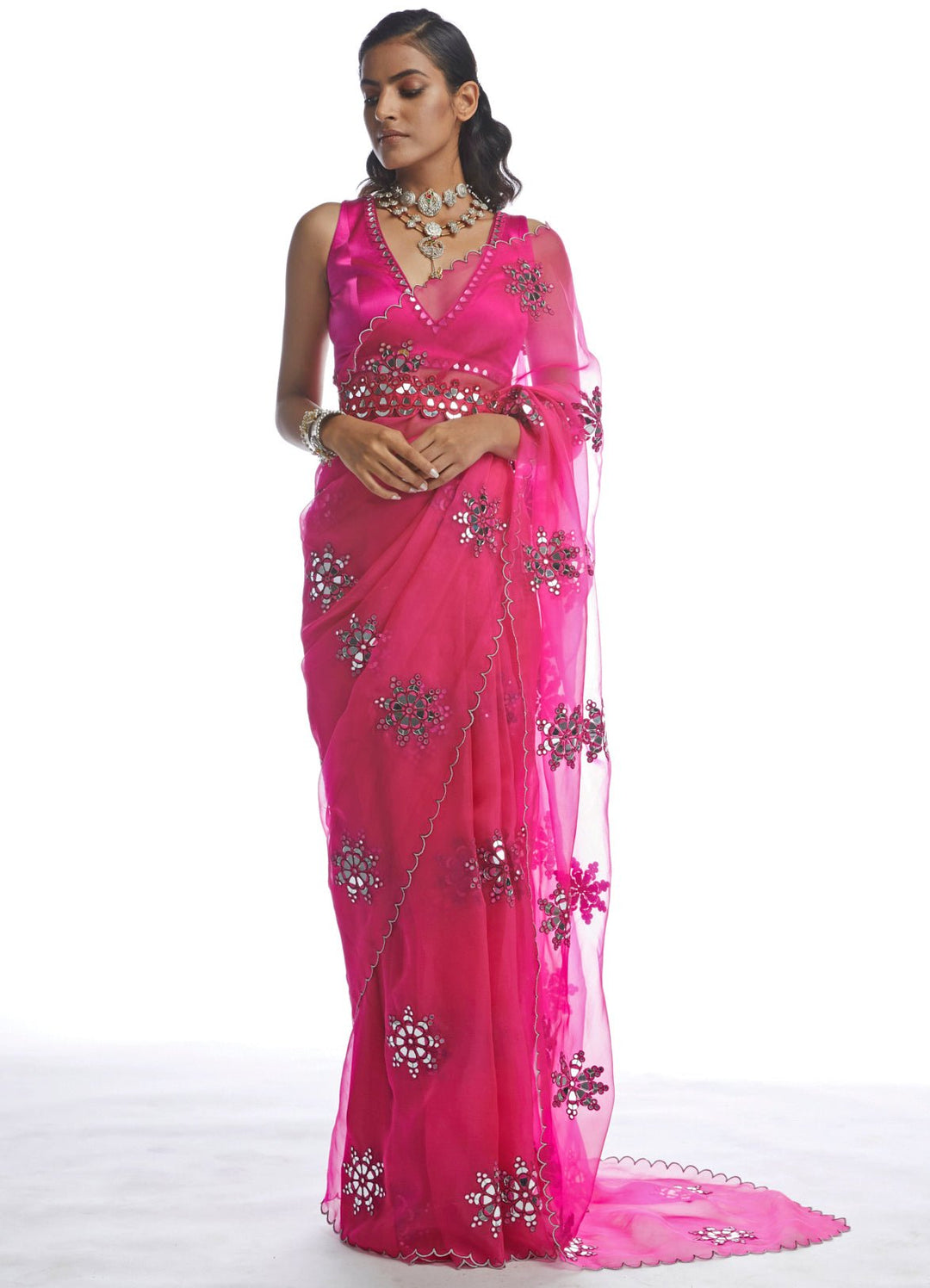 Peacock Pink Mirror Cutwork Saree Set Vvani by Vani Vats - Fabilicious Fashion
