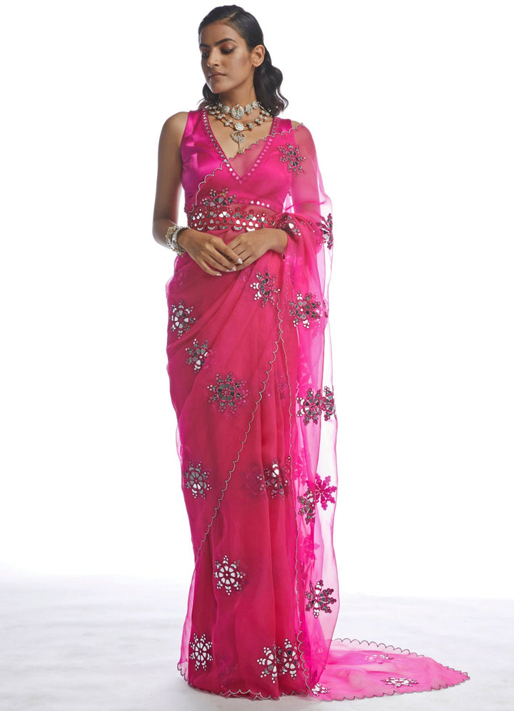 Peacock Pink Mirror Cutwork Saree Set Vvani by Vani Vats - Fabilicious Fashion