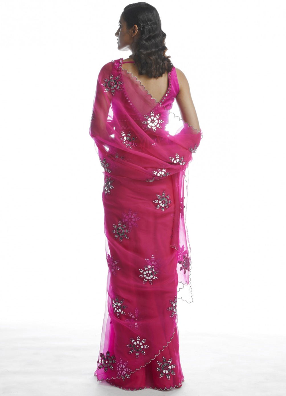 Peacock Pink Mirror Cutwork Saree Set Vvani by Vani Vats - Fabilicious Fashion