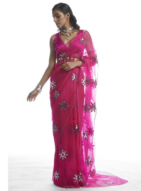 Peacock Pink Mirror Cutwork Saree Set Vvani by Vani Vats - Fabilicious Fashion