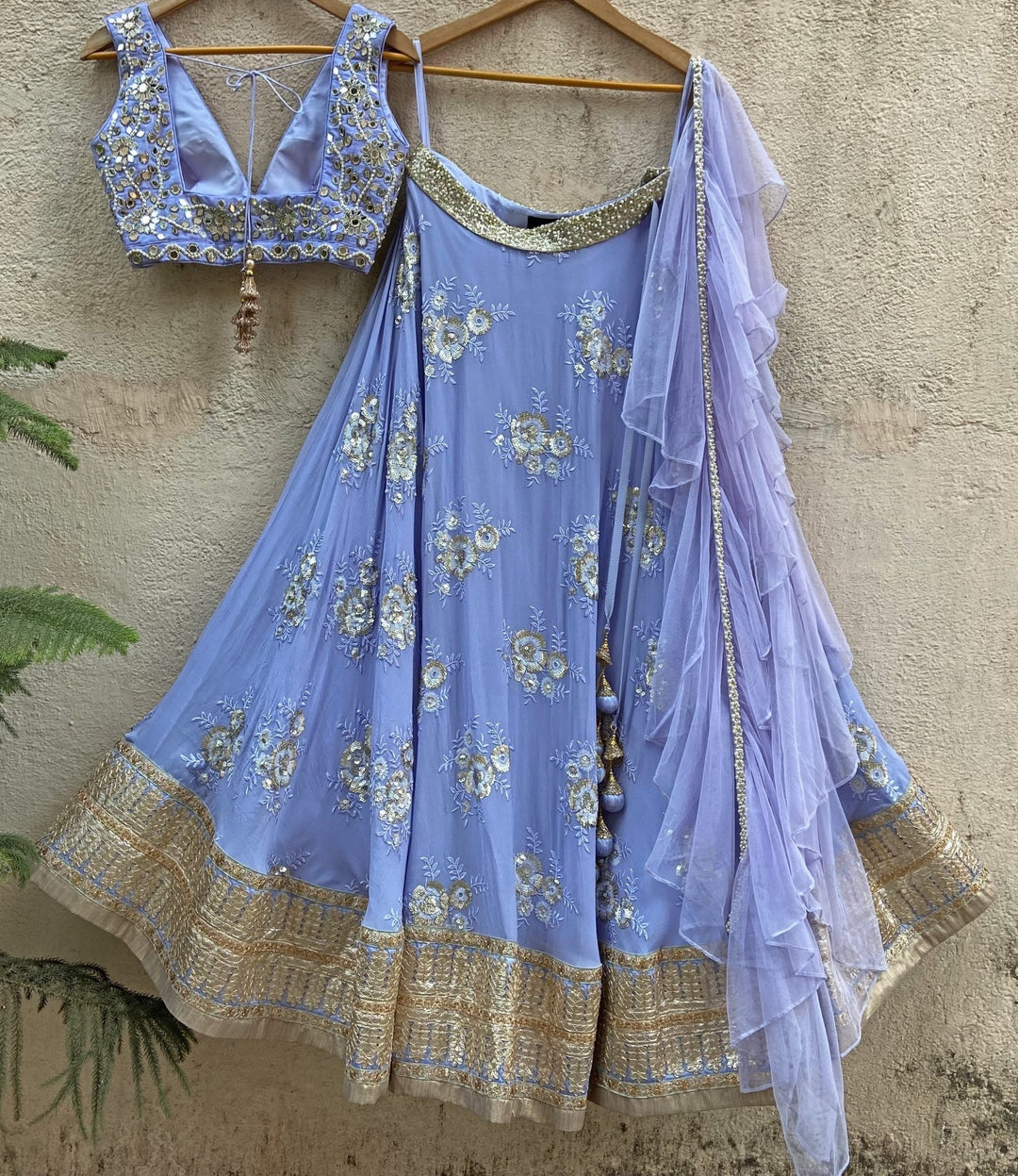 Periwinkle Blue and Gold Mirror Lehenga Set Priti Sahni - Fabilicious Fashion