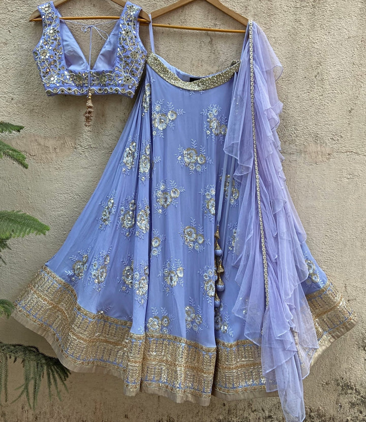 Periwinkle Blue and Gold Mirror Lehenga Set Priti Sahni - Fabilicious Fashion